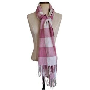 Jenni Pink & White Block Plaid Rectangle Scarf with Fringe Ends One Size